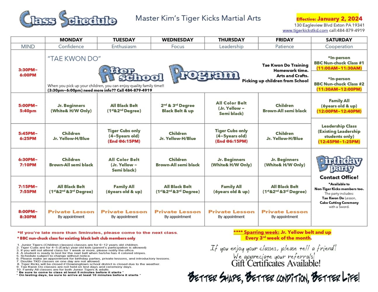 Tiger Kicks Martial Arts Exton Taekwondo Class Schedule